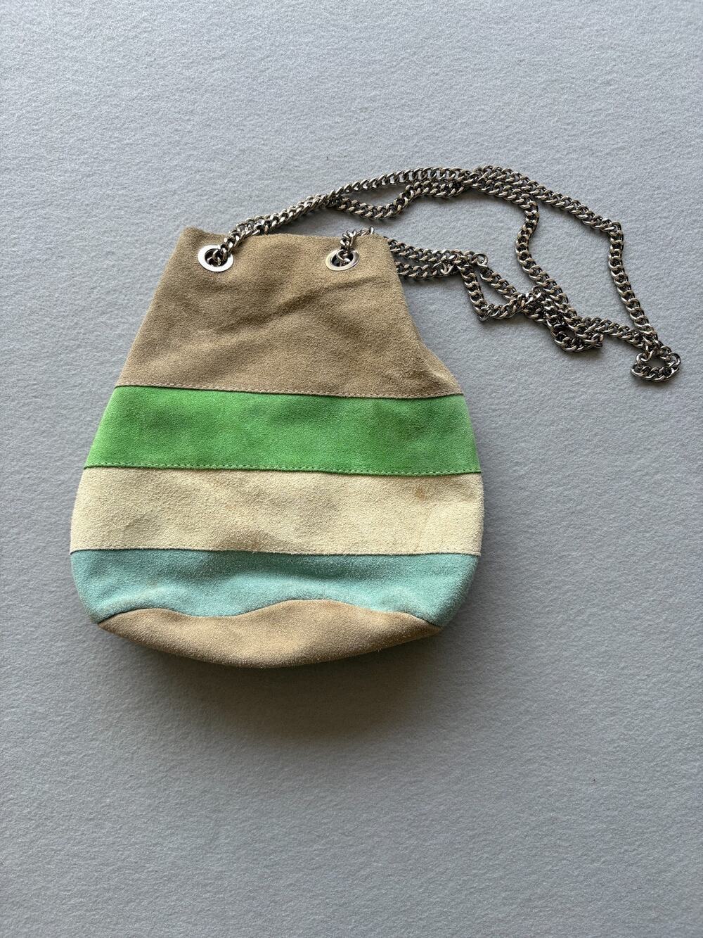 Made in Italy Suede Leather Bucket Bag Colorblock Multi Green Boho Chain Strap